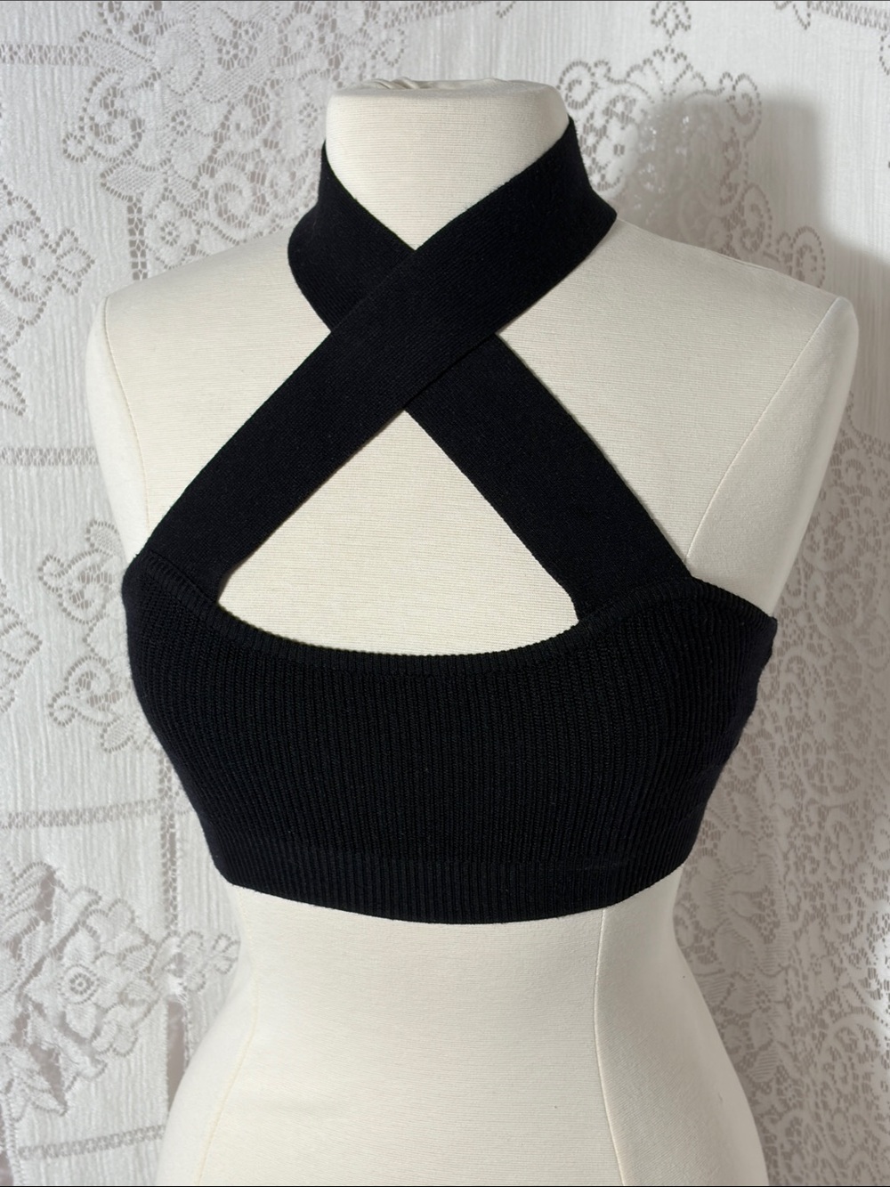 Crisscross Halter Knit Crop Top in Black